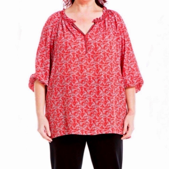 Max Studio Crepe Peasant Blouse Red Floral Print Size 2X - Picture 15 of 16
